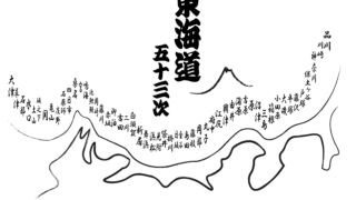 東海道五十三次の宿場町一覧とルートを示した地図